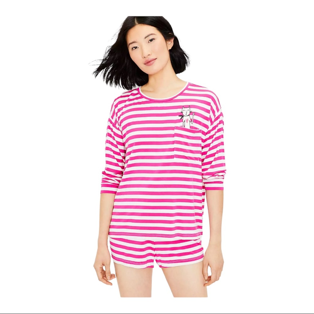 NWT LOFT Pink White Striped CAT Kitty PAJAMA Set PJS Long Sleeve Top and Shorts
